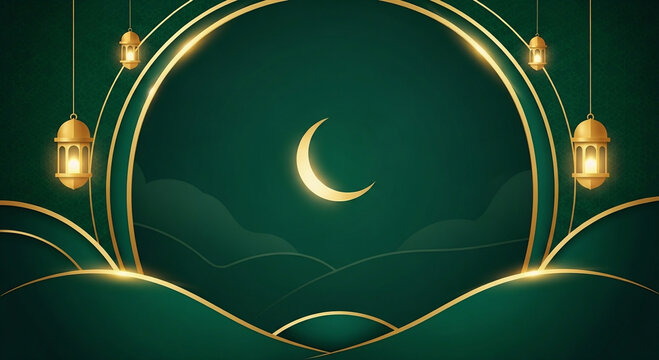 Elegant Islamic New Year celebration background with glowing crescent moon and lanterns on a dark green backdrop