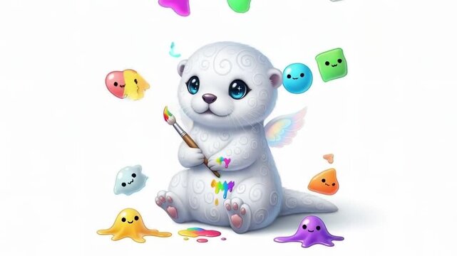 Cute Otter with Paintbrush and Colorful Shapes