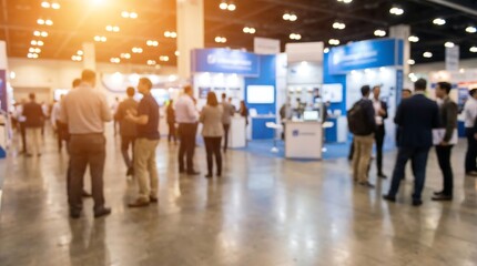 Fototapeta premium A busy, intentionally blurred large exhibition hall filled with numerous attendees walking between various company booths and displays during a bustling trade show or conference.