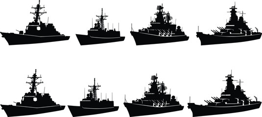 Military warship silhouette collection with destroyer, cruiser and battleship vessels isolated on white background, naval defense fleet and maritime security concept set © MD SHAHARIR