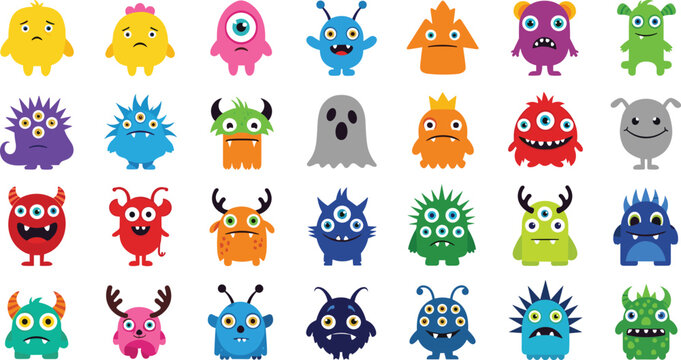 Cute Colorful Monster Characters Mega Set with Funny Fantasy Creatures for Kids Halloween Cartoon Vector Illustration Collection