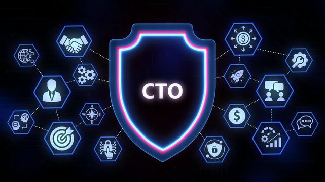 CTO Business Concept Shield with Connected Hexagonal Icons and Glowing Neon Outline image photo