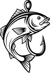Obraz premium Black and white illustration of a fish on a fishing hook bait angling