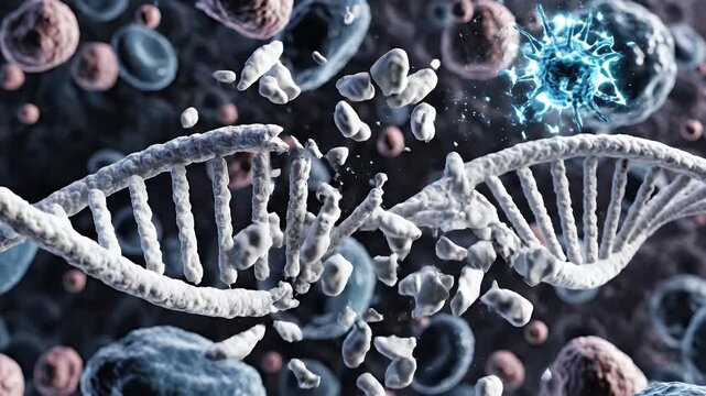 Detailed DNA Double Helix Structure Damaged by Blue Energy Burst Amidst Blood Cells and Microscopic Organisms