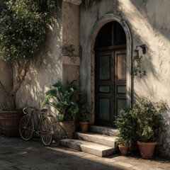Fototapeta premium Charming Italian doorway with bicycle and potted plants in sunlight.