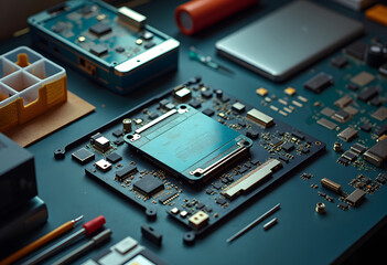 Fototapeta premium Electronic components disassembled on a workbench for repair or upgrade