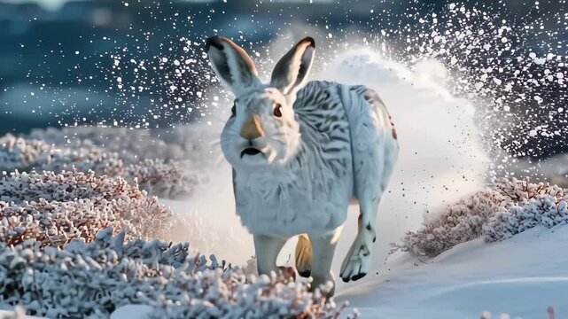 Arctic hare in its pure white winter coat leaping between patches of snow-covered heather caught mid-action snow kicking up blue sky in Greenland