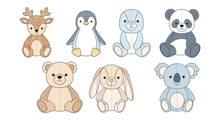 Fototapeta premium Adorable collection of cute stuffed animal toys for children, including a deer, penguin, panda, bear, rabbit, and koala with stitched details.