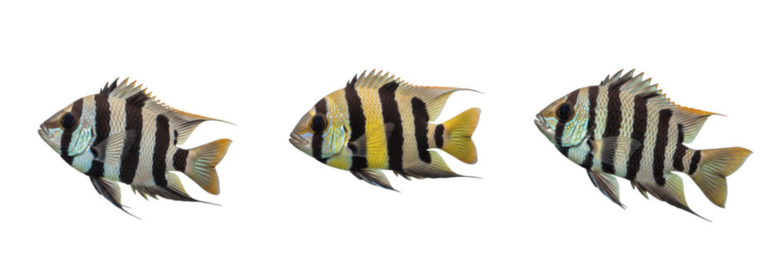 Jack Dempsey fish Rocio octofasciata isolated on white background, Central American cichlid freshwater aquarium species electric blue morph tropical tank cutout image