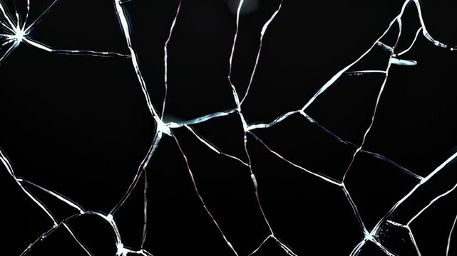 Black cracked glass web spreading delicate lines, soft highlights along fracture radiating from impact point, minimal debris, calm noir mood, close up perspective for screen break overlays, subtle