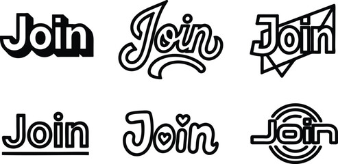 Obraz premium Six different join text icons in various artistic styles and fonts for graphic design and digital media use