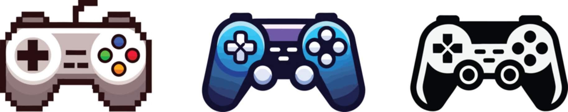 Three different video game controllers with various designs and colors on white background  gaming accessories
