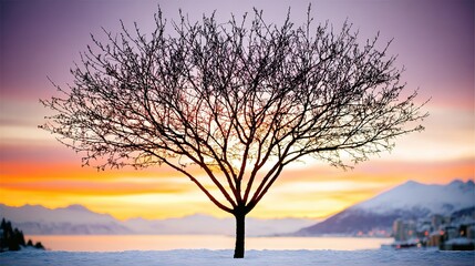 Solitary bare tree silhouetted against a pastel winter sunset over snowy plains, ideal for calm, reflective, and seasonal themes.