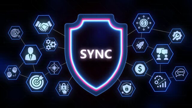 Digital Shield with Sync Icon and Network of Hexagonal Data Icons on Dark Background synchronization