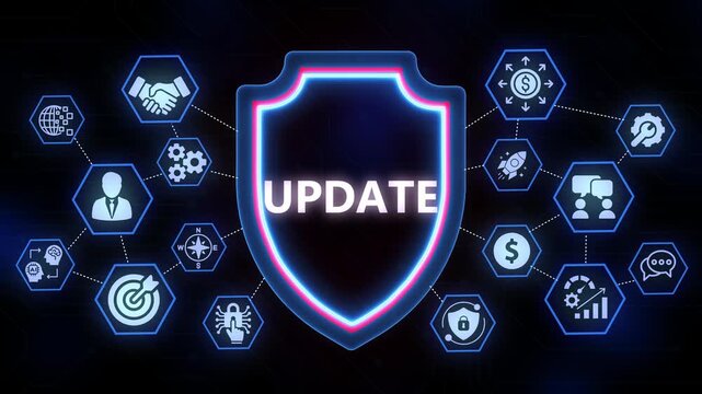 Digital Shield with Update Icon and Network of Hexagonal Data Icons on Dark Background software upgrade