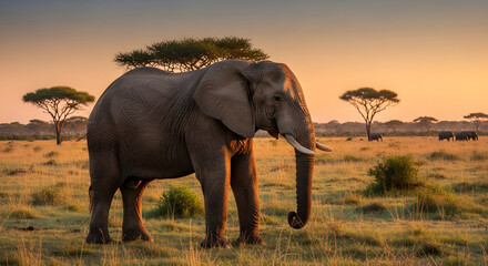 Obraz premium Majestic African elephant standing in a savanna landscape at sunset, with acacia trees in the background