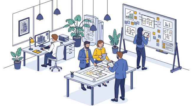 Team collaborating on project in modern office space.