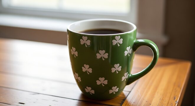 St patrick's day coffee mug with shamrocks on wooden table