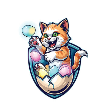Playful Kitten in Exploding Egg Shield with Easter Eggs