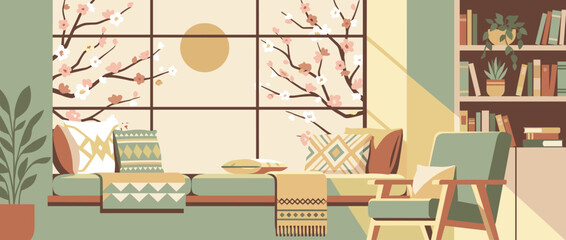 Fototapeta na wymiar Cozy spring reading nook flat vector illustration with a large window overlooking blooming cherry blossom branches, featuring comfortable cushions, blankets, a modern armchair, and a bookshelf.