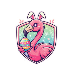 Fototapeta premium Pink flamingo holding Easter egg inside shield scene