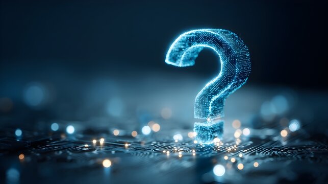 Glowing Blue Digital Question Mark Wireframe on Dark High Tech Circuit Board Surface
