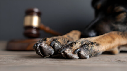 Obraz premium Close Up Of Dog Paws Beside A Wooden Judge Gavel On Table 