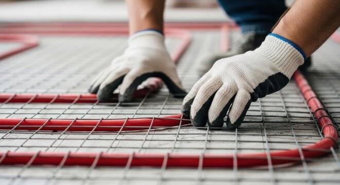 Construction worker installing underfloor heating pipes on wire mesh
