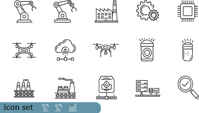 Print Advanced Industrial Automation and Smart Manufacturing Icon Set Featuring Robotic Arms Cloud Logistics Drone Technology and Microchip Engineering Symbols