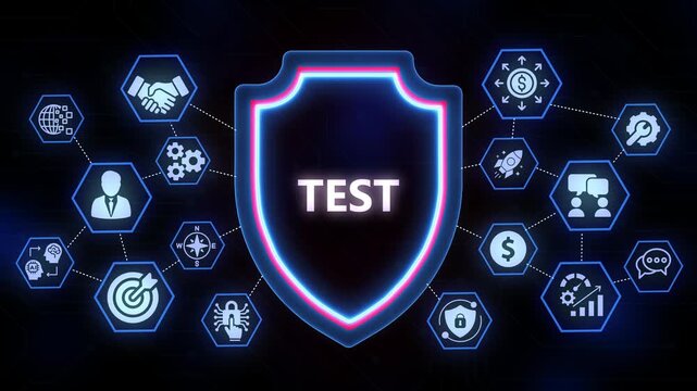 Digital Shield with TEST text and surrounding technology and business icons on dark background test