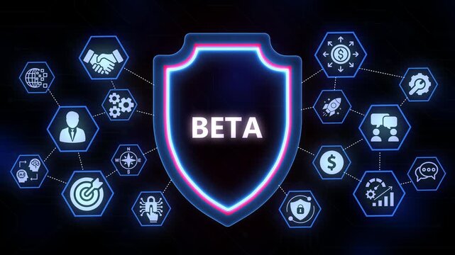 Digital shield with the word BETA surrounded by interconnected icons representing business and technology concepts on a dark background