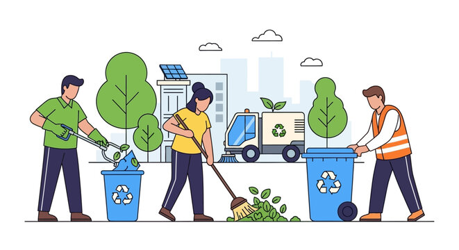 People cleaning up environment with recycling truck.