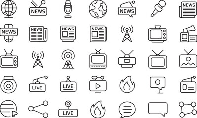 Fototapeta premium Professional News and Media Line Icons Set - Broadcasting, Journalism, Live Report, and Communication Vector Illustrations. 