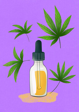 Colorful dropper bottle with green leaves on a purple background