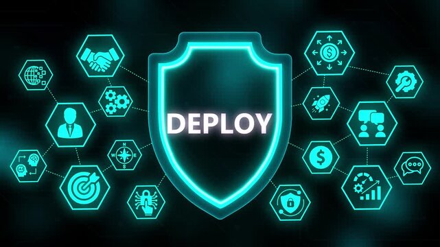 Digital shield with the word DEPLOY surrounded by interconnected cyan icons representing business and technology concepts on a dark background