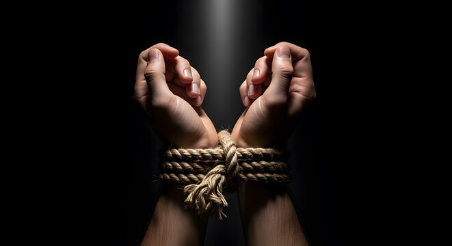 Artistic shot of hands bound with rope against a dark background