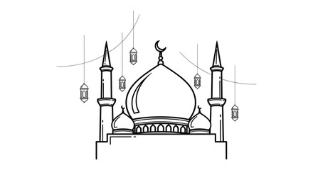 A detailed black and white line drawing depicts an islamic mosque with minarets and a crescent moon