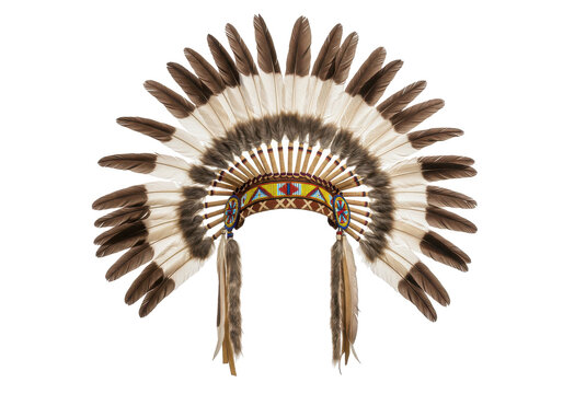 Ornate native american headdress with detailed featherwork and decorations isolated white background