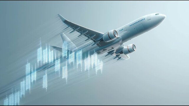 Soaring Heights: A sleek airplane ascends against a soft, gradient background, its trajectory interwoven with vibrant, dynamic data patterns, symbolizing the rise of global transport and innovation.