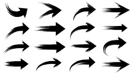 Collection of Black Brush Stroke Arrows on White Background, Graphic Design Elements