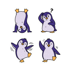 Obraz premium Cartoon penguin expressing different emotions with gestures and facial expressions