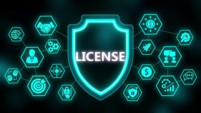 Digital Shield with License Text and Connected Technology Icons on Dark Background security