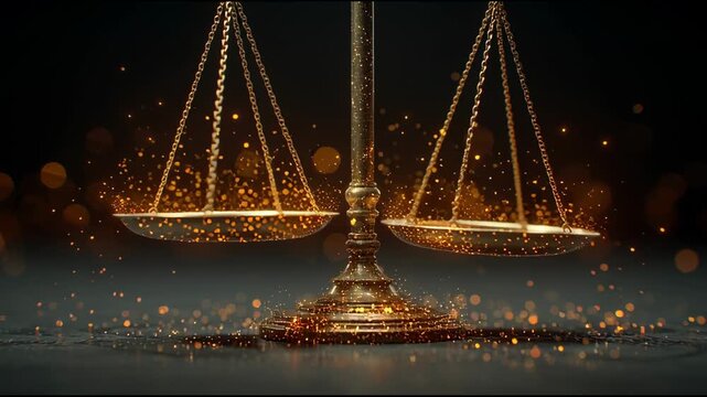 Symbol of Justice and Balance: An elegant golden scale, bathed in a soft, ethereal light, epitomizes fairness and equilibrium, poised against a dark, textured background.