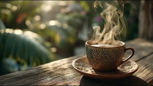 Steaming Coffee: An inviting cup of coffee, steams gently, resting on a saucer, on a wooden surface, set against a backdrop of lush greenery. This evokes warmth and tranquility
