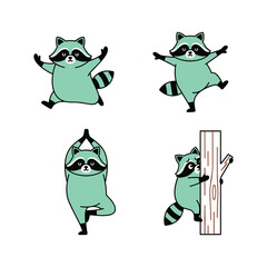 Cartoon raccoons in various yoga poses on white background with copy space © Sourav