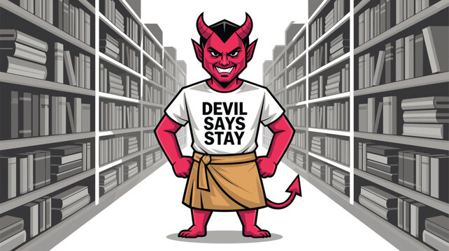 Red Devil Mascot in a Library Wearing a "Devil Says Stay" T-Shirt, Concept of Mischievous Humor, Subversive Academic Branding, Playful Defiance, and Edgy Character Vector Illustration