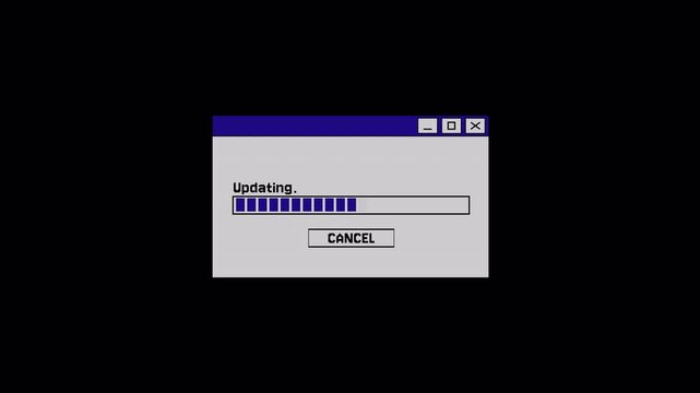 4K Retro Desktop UI Elements and Updating Dialog Box. Updating Animation Computer interface