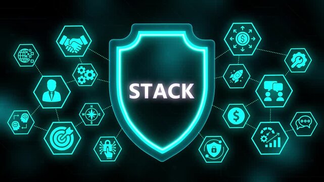Digital Stack Concept with Shield and Connected Icons on Dark Background technology network