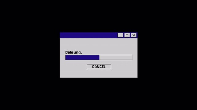 4K Old school Desktop UI Elements and Deleting Dialog Box. Deleting Progress bar Animation Computer interface