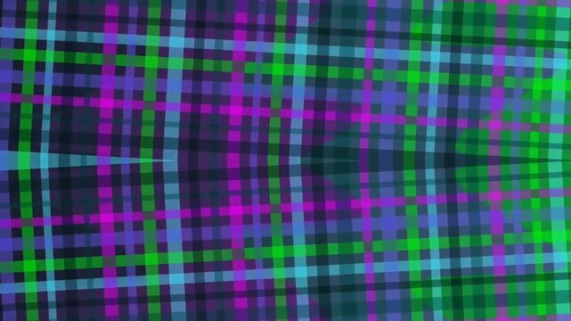 Seamless loop of a vibrant plaid grid pattern with moving purple, teal, and blue stripes. Modern geometric motion graphics background for tech, fashion, and digital design